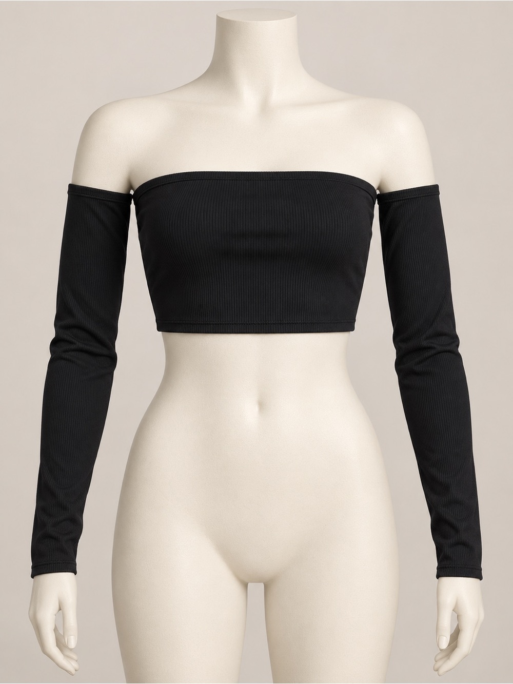 SHEIN Black Off-Shoulder Ribbed Long Sleeve Crop Top